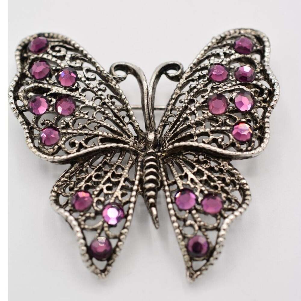Napier Vintage Crystal Butterfly Pin Brooch Purple Rhinestone Signed 1980s BinAJ